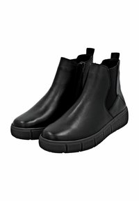 Par de botas de cuero negro hasta el tobillo con cremallera lateral y panel elástico, que cuentan con suelas de goma texturizada gruesa para uso casual.