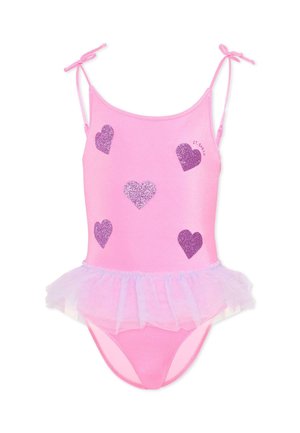 Costume intero rosa con spalline regolabili a laccio, cinque cuori viola scintillanti e gonna in tulle a strati in vita.