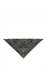 Czarna trójkątna bandana z białym wzorem paisley o skomplikowanych detalach. Wykonana z lekkiego materiału o gładkiej teksturze.