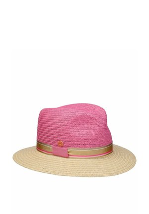 Pink and beige woven fedora with a wide beige brim and a beige and pink ribbon band around the base of the crown.