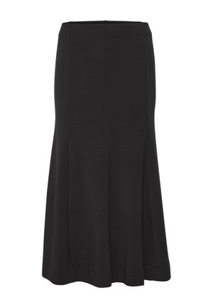 Black flared skirt made of soft fabric; knee-length with smooth texture and subtle seams, featuring a clean, minimalist design.