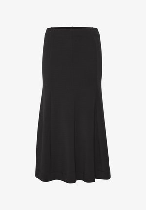 Sort klokket nederdel lavet af blød stof; knælang med glat tekstur og subtile sømme, der har et rent, minimalistisk design.