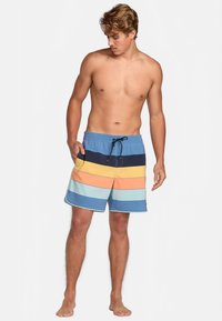 Μαγιώ με οριζόντιες ρίγες σε μπλε, πορτοκαλί και κίτρινο χρώμα; κατασκευασμένο από γρήγορο ύφασμα στεγνώματος με ελαστική μέση και πλάγια τσέπη.