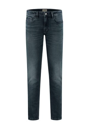Jeans de mezclilla gris oscuro con corte slim, que cuentan con cinco bolsillos, una bragueta de botón y un ligero desgastado. Textura suave sin patrones visibles.