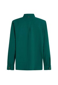 Camisa verde de manga larga confeccionada en tela texturizada. Cuenta con cuello, puños con botones y un pliegue central en la parte trasera para un toque de estilo adicional.