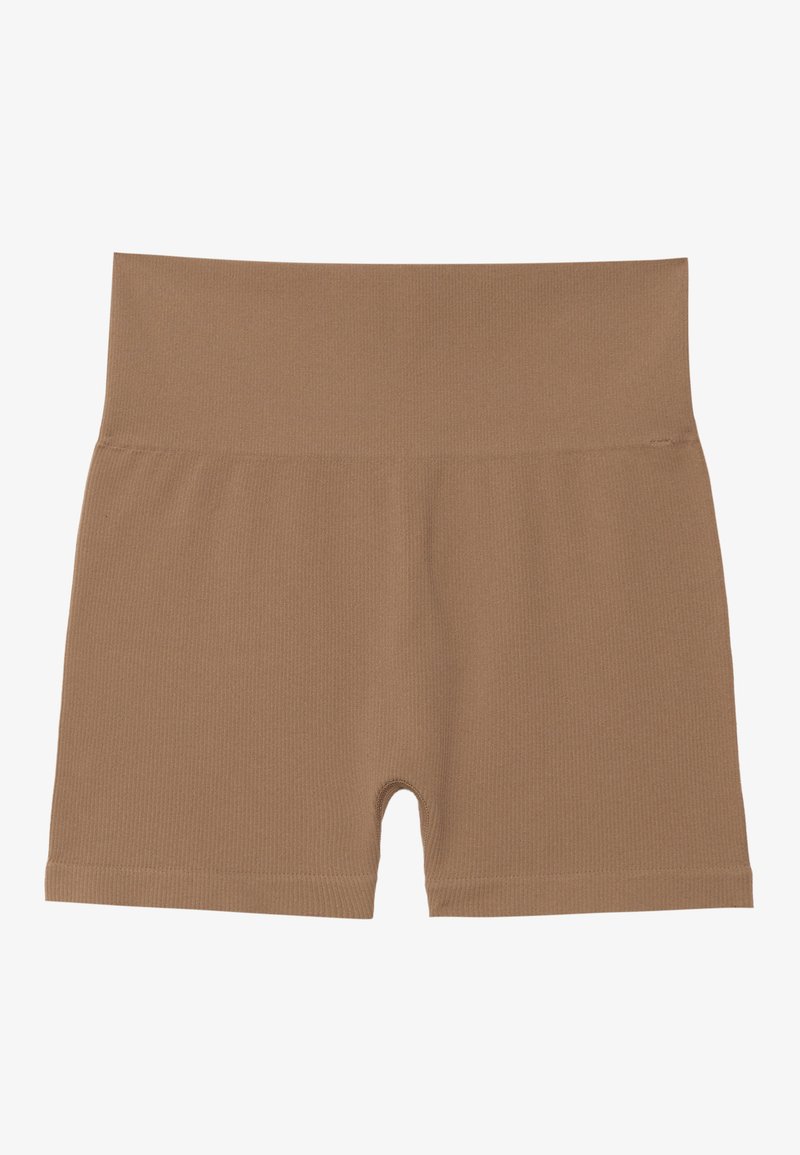 Brune ribbestrikkede shorts med høj talje og glat tekstur. Har en kort længde og ingen synligt hardware eller pynt.