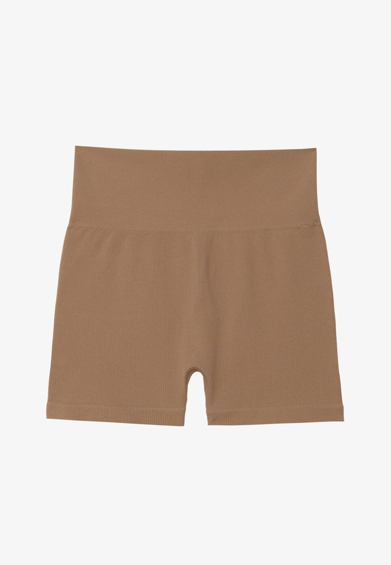 Brune ribbestrikkede shorts med høj talje og glat tekstur. Har en kort længde og ingen synligt hardware eller pynt.