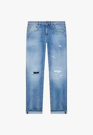 Jeans in denim blu chiaro con dettagli strappati, presentano strappi e sbiaditure. Design a gamba dritta con orli arrotolati e stile classico a cinque tasche.
