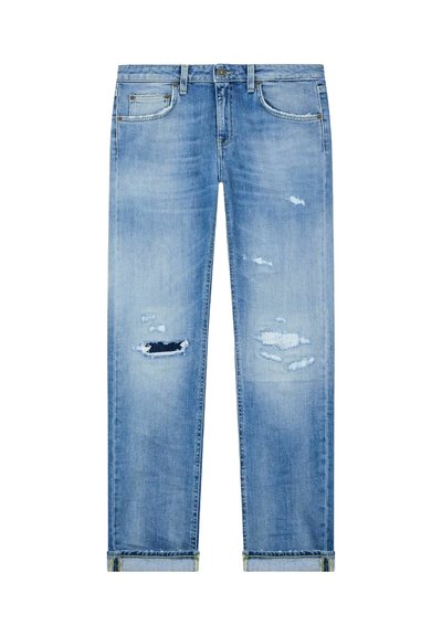 Jeans in denim blu chiaro con dettagli strappati, presentano strappi e sbiaditure. Design a gamba dritta con orli arrotolati e stile classico a cinque tasche.