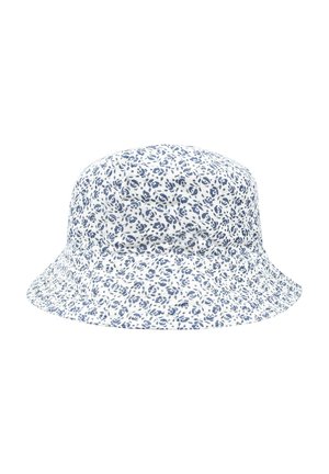 Cappello a secchiello con motivo floreale in bianco e blu navy, realizzato in tessuto leggero con una tesa larga e flessibile e una corona arrotondata.