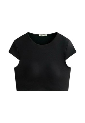 Čierny crop top s krátkymi rukávmi, zaobleným výstrihom, hladkou textúrou a minimalistickým dizajnom. Vyrobený z elastického materiálu.