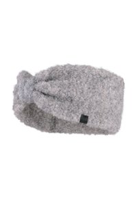 Szara, teksturowana opaska na głowę wykonana z miękkiego, puszystego materiału. Z przodu ma skręcony wzór i małą czarną metkę marki z boku.