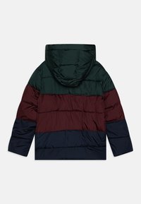 Φουτεράκι με κουκούλα, με οριζόντιες χρωματικές ρίγες σε σκούρο πράσινο, μπορντό και ναυτικό μπλε, εκτεθειμένο επίπεδα από πίσω.