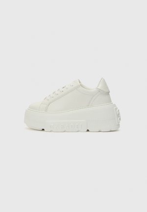 White platform sneakers made of smooth leather, featuring rounded toe, thick sole with textured pattern, and subtle branding on the side.