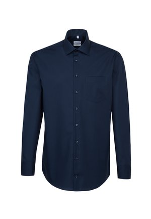 Marineblaues Langarmhemd aus glatter Stoffqualität, mit Knopfleiste, einer Tasche auf der linken Brustseite und einem klassischen Kragen.