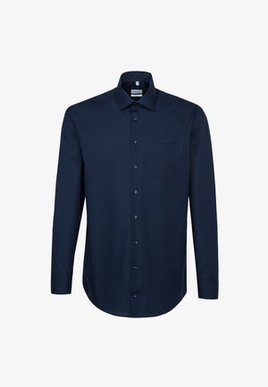 Marineblauwe overhemd met lange mouwen, gemaakt van gladde stof, met een knoopsluiting aan de voorkant, een zak op de linkerkant van de borst en een classic kraag.