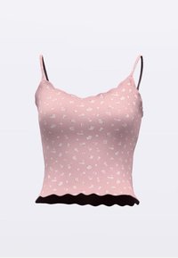 Rosa ribbestrikket camisole med små hvite blomsterprint, bølget kant og justerbare spaghetti-stropper. Myk tekstur og tettsittende design.