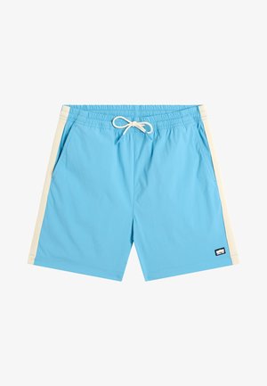 Lichtblauwe zwemshorts met witte strepen aan de zijkant, elastische tailleband met een wit trekkoord, zijzakken en een klein rechthoekig logoplaatje op de zoom.