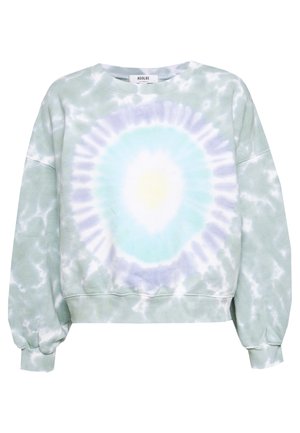 Sudadera de tie-dye verde claro con un patrón circular en azul, blanco y amarillo. Fabricada con un tejido suave y con puños y dobladillo acanalados.