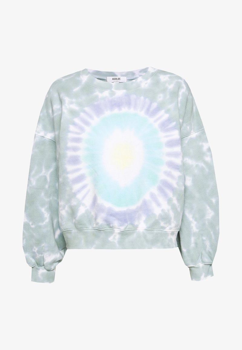 Sudadera de tie-dye verde claro con un patrón circular en azul, blanco y amarillo. Fabricada con un tejido suave y con puños y dobladillo acanalados.