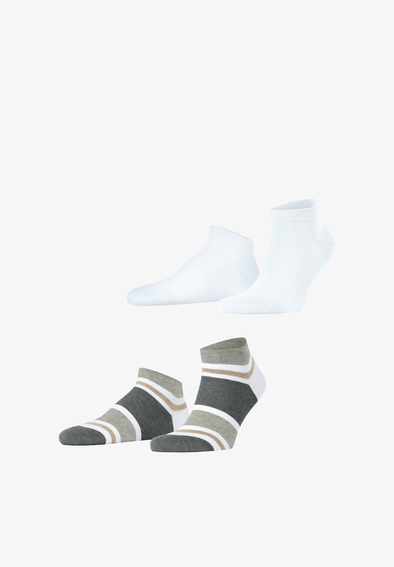 Zwei Paar Knöchelsocken: ein Paar weiß, schlicht, und das andere grau mit einem Streifenmuster in Weiß und Beige. Beide haben einen engen Sitz und eine weiche Textur.