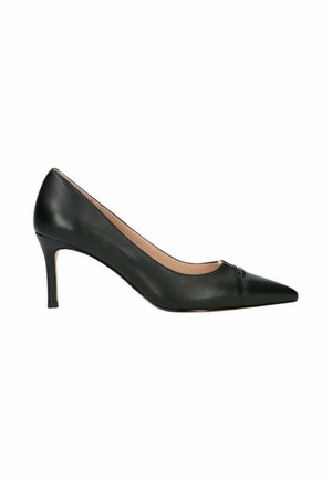 Décolleté in pelle nera con punta appuntita, tacco a spillo di media altezza e finitura liscia, mostrata di lato su sfondo bianco.