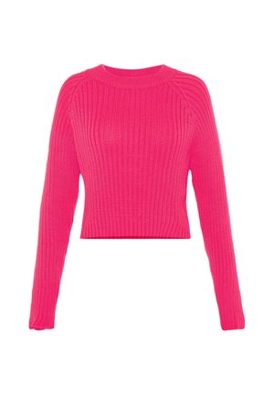 Maglione a coste rosa acceso con maniche lunghe e scollo rotondo, corto in vita.