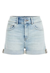 Ljusblå denimshorts med hög midja, uppvikta fållar, fem fickor och metalldrapering. Slät textur med urblekta områden.