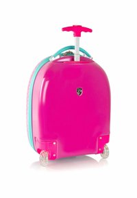 Valigia rigida di colore fucsia brillante con cerniera turchese. Include un manico estensibile e quattro ruote trasparenti per una mobilità agevole.