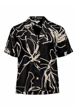 Chemise noire à manches courtes avec un motif floral abstrait beige et un col décontracté.