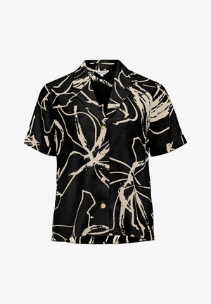 Chemise noire à manches courtes avec un motif floral abstrait beige et un col décontracté.