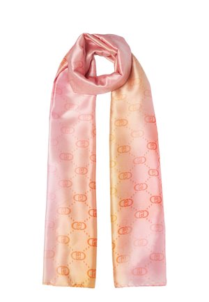 Foulard di seta con una sfumatura dal rosa alla pesca, caratterizzato da un motivo a rilievo con lettere intrecciate e piccoli punti su tutta la superficie.