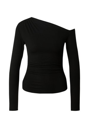 Zwarte geribde lange mouw top met een asymmetrisch off-shoulder ontwerp. Kenmerkt verzameld materiaal bij de schouder en een aansluitende silhouette.