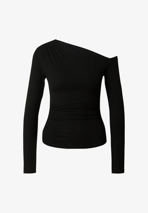 Schwarz geripptes Langarmshirt mit asymmetrischem, schulterfreiem Design. Verfügt über gerafftes Material an der Schulter und eine figurnah geschnittene Silhouette.