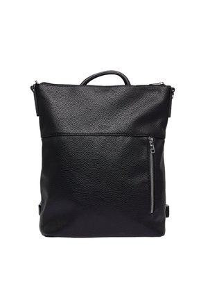 Schwarzer Leder-Rucksack mit strukturiertem Finish, oberem Griff, vorderer Reißverschlusstasche und verstellbaren Trägern. Minimalistisches Design mit silbernen Hardware-Akzenten.