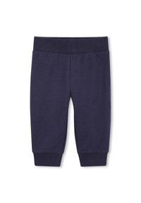 Marineblauwe peuterbroek met geribbelde tailleband en boorden, gemaakt van zachte, rekbare stof.