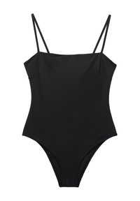 Zwarte badpak met dunne verstelbare banden, soepel materiaal, hoge uitsnijding bij de benen en een minimalistisch ontwerp. Geen patronen of versieringen.