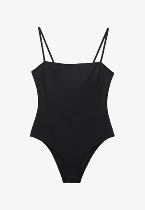 Fekete egyrészes fürdőruha vékony állítható pántokkal, sima anyagból, magas kivágású lábakkal és minimalista dizájnnal. Nincs rajta minta vagy díszítés.