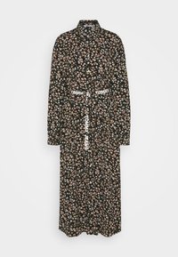 Schwarzes, blumenbedrucktes Maxikleid mit Kragen, Knopfleiste, langen Ärmeln und einem Bindegürtel mit "TOMMY JEANS"-Branding.