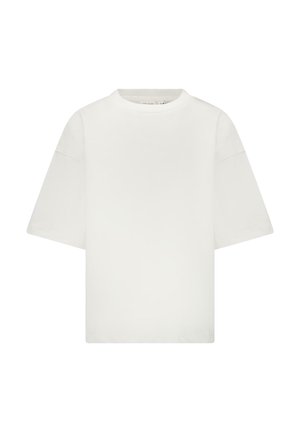 Wit oversized T-shirt met korte mouwen, ronde hals, zacht katoenen materiaal, minimalistisch ontwerp zonder zichtbare patroontjes of accenten.