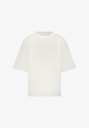 Wit oversized T-shirt met korte mouwen, ronde hals, zacht katoenen materiaal, minimalistisch ontwerp zonder zichtbare patroontjes of accenten.