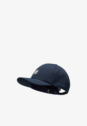 Casquette bleu marine avec une visière incurvée et un logo d'empreinte de patte sur le devant. Dispose d'une sangle réglable et d'un intérieur plissé pour le confort.