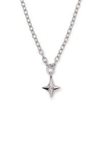 Collar de cadena de plata con un colgante en forma de estrella con un diseño facetado y un acento central, acabado pulido, estética minimalista.