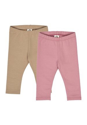 Twee paar kinderlegging: één in lichtbeige katoen, de andere in zachtroze katoen. Beide hebben elastische taillebanden en een effen ontwerp.