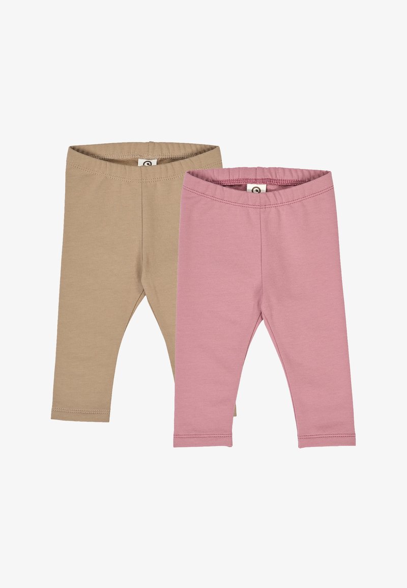 Two pairs of children's leggings: one in light beige cotton, the other in soft pink cotton. Both feature elastic waistbands and plain designs.
