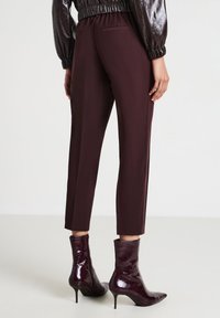 Personne portant un pantalon court marron foncé et des bottines brillantes bordeaux foncé à bouts pointus et talons fins, vue de dos.