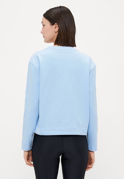 Light blue sweatshirt with long sleeves, rounded collar, and a relaxed fit. Smooth texture with visible stitching at the hem and cuffs.