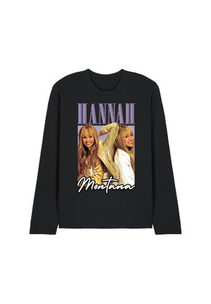 Schwarzes Langarmshirt mit zwei lächelnden jungen Frauen mit blonden Haaren, goldenen und weißen Jacken und dem Text „HANNAH Montana“ darüber und darunter.