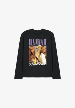 Black long-sleeve shirt featuring two smiling young women with blonde hair, gold and white jackets, and text "HANNAH Montana" above and below.