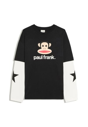 Chemise noire à manches longues avec des manches blanches superposées, des étoiles noires sur les manches et un grand visage de singe de dessin animé avec le texte "paul frank" sur le devant.